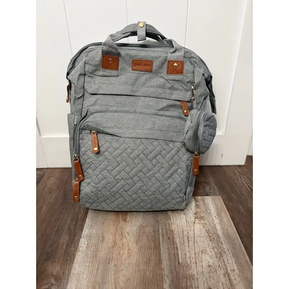 Good Mum Gray Backpack Diaper Bag Adjustable Strap changing station USB NWOT